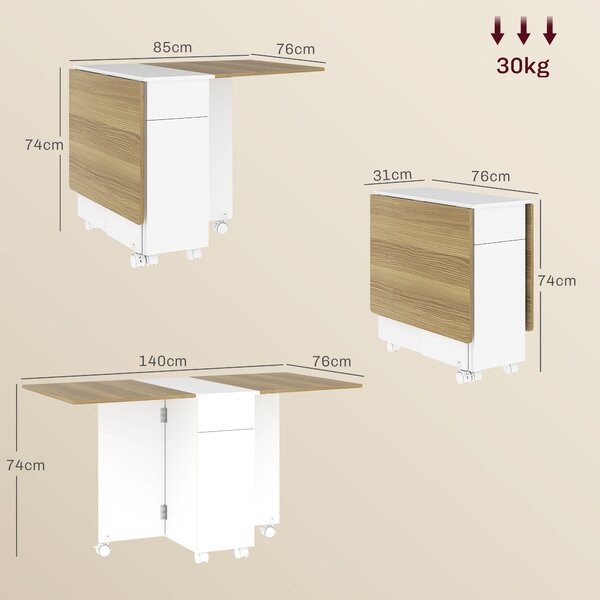 HOMCOM Tavolo Rettangolare Allungabile con 2 Cassetti e un Armadietto in Legno, 140x76x74 cm, Bianco e Color Legno