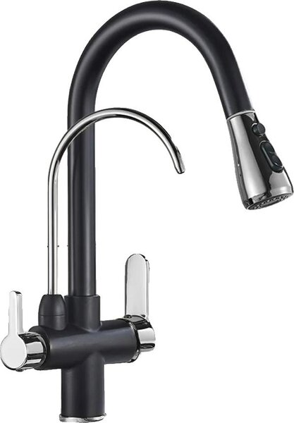Rubinetto da cucina con filtro, funzione spray estraibile, struttura robusta in ottone, cromatura nera