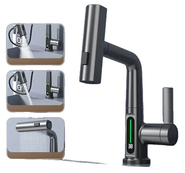 Miscelatore per lavabo con display digitale intelligente, sensibile alla temperatura, con funzione di estrazione, RubinettoManopoleManiglia