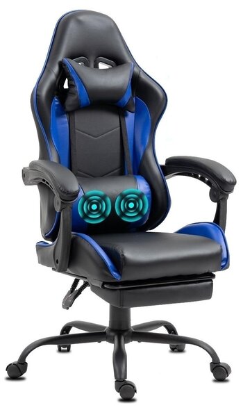 Delman Sedia da ufficio Sedia da gioco Poltrona da gioco massaggiante Ergonomica con poggiapiedi Poggiatesta Massaggio Cuscino lombare Sedia da gioco Girevole 02-0042 Blu