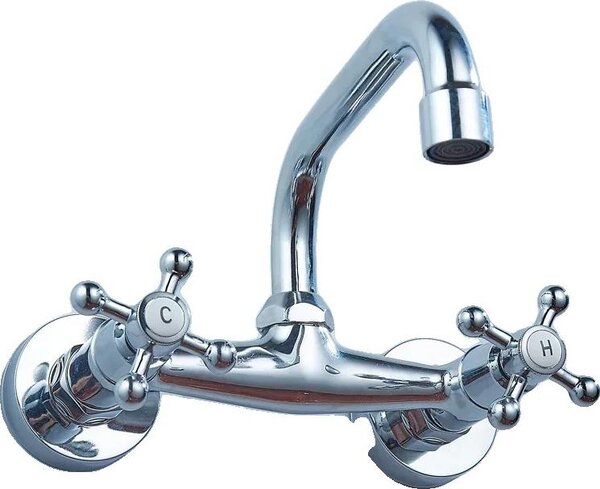 Rubinetto per lavabo, doppia maniglia, montaggio a parete, cromo, argento