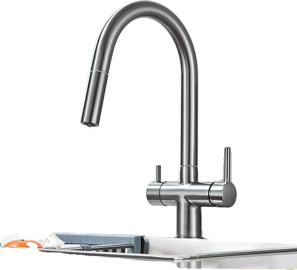 Rubinetto da cucina, comando a doppia maniglia, doccetta flessibile estraibile, grigio pistola