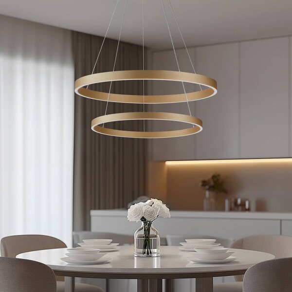Lucande Smart LED lampada a sospensione Yonam, oro, 2 luci, Tuya Yonam Lucande, dimmerabile, Ottone / Oro, Soggiorno / Sala da pranzo, Alluminio, Moderno