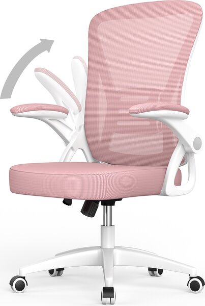 Sedia da ufficio - Seduta ergonomica - Sedia con braccioli ribaltabili a 90° - Supporto lombare - Altezza regolabile - Rosa