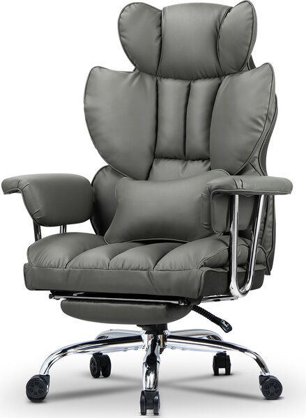 Sedia da ufficio con poggiapiedi - Sedia da scrivania ergonomica con cuscino di supporto lombare - Sedia da ufficio direzionale grande in Finto cuoio con schienale alto - Grigio