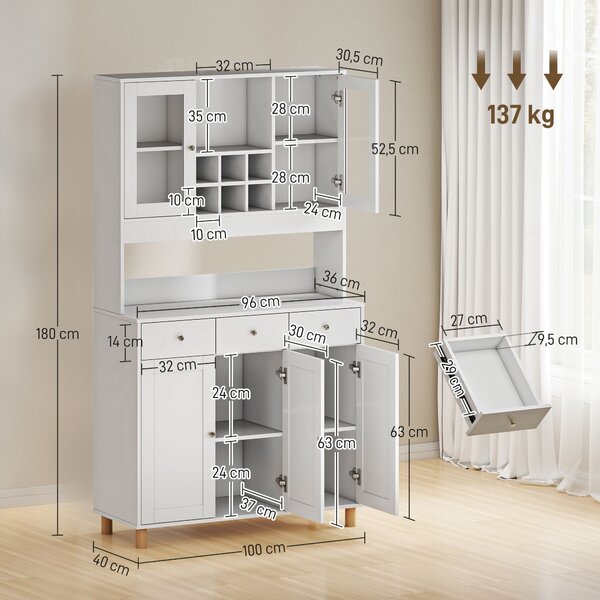 HOMCOM Credenza cucina 180 cm con 2 ante in vetro, 3 cassetti, 4 ripiani regolabili, Bianco | Aosom Italy