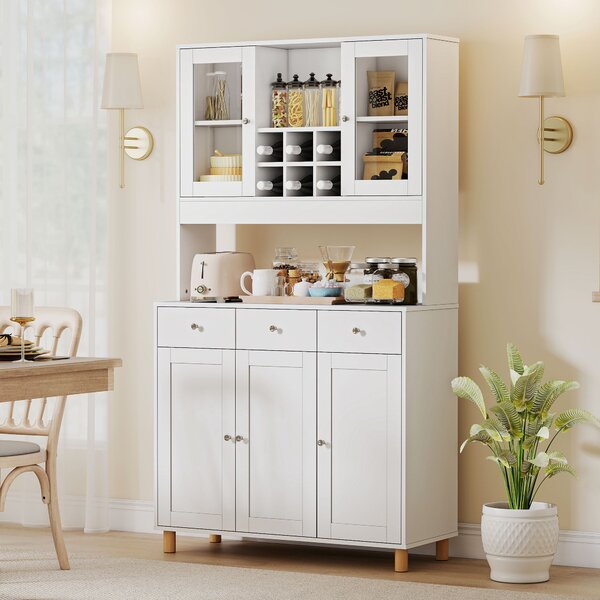 HOMCOM Credenza cucina 180 cm con 2 ante in vetro, 3 cassetti, 4 ripiani regolabili, Bianco | Aosom Italy