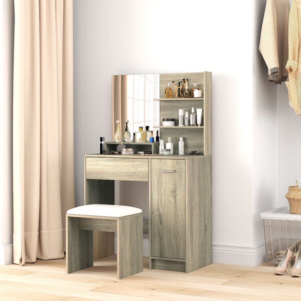 HOMCOM Tavolo da Trucco con Sgabello Specchio Ripiani Aperti Cassetto e Ripiano Regolabile Anti-ribaltamento Naturale e Beige | Aosom Italy