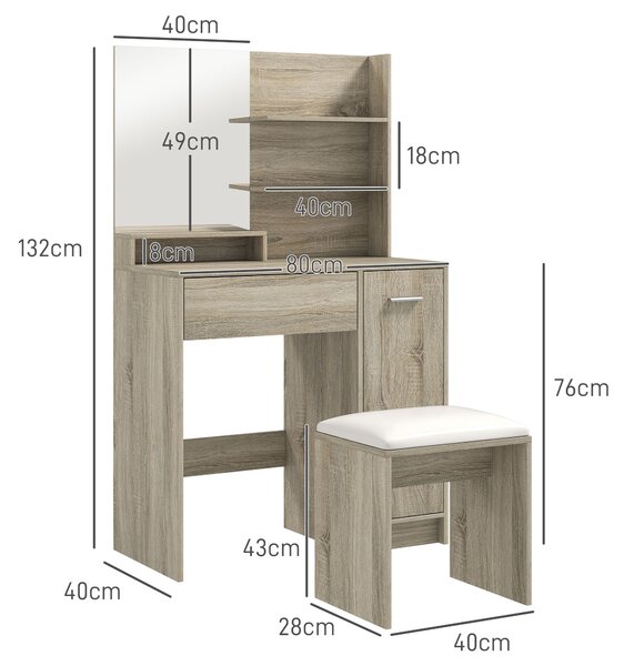 HOMCOM Tavolo da Trucco con Sgabello Specchio Ripiani Aperti Cassetto e Ripiano Regolabile Anti-ribaltamento Naturale e Beige | Aosom Italy