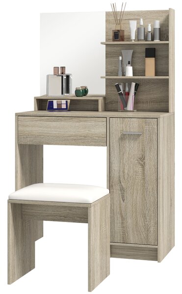 HOMCOM Tavolo da Trucco con Sgabello Specchio Ripiani Aperti Cassetto e Ripiano Regolabile Anti-ribaltamento Naturale e Beige | Aosom Italy