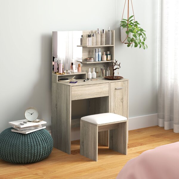 HOMCOM Tavolo da Trucco con Sgabello Specchio Ripiani Aperti Cassetto e Ripiano Regolabile Anti-ribaltamento Naturale e Beige | Aosom Italy