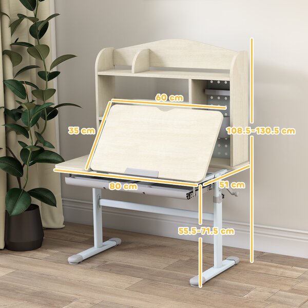 AIYAPLAY Scrivania per bambini, regolabile in altezza con piano inclinabile, 80 x 51 x 108,5-130,5 cm, Legno naturale | Aosom Italy