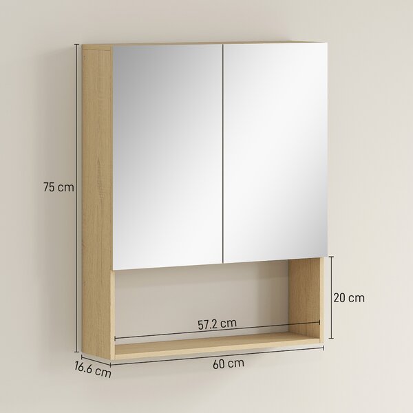 HOMCOM Armadietto bagno con specchio e mensola aperta, Montaggio a parete, MDF, Truciolato, Rovere | Aosom Italy