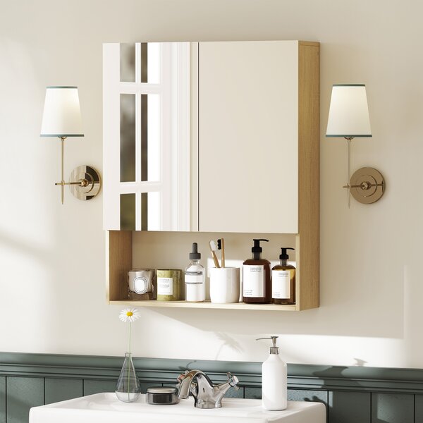 HOMCOM Armadietto bagno con specchio e mensola aperta, Montaggio a parete, MDF, Truciolato, Rovere | Aosom Italy