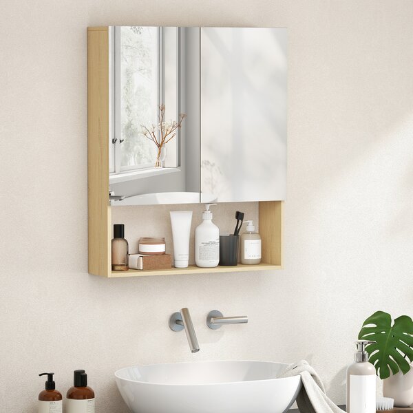 HOMCOM Armadietto bagno con specchio e mensola aperta, Montaggio a parete, MDF, Truciolato, Rovere | Aosom Italy