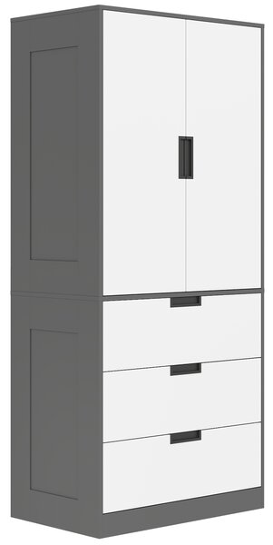 HOMCOM Armadio da camera guardaroba con 2 ante a chiusura ammortizzata, 3 cassetti e barra appendiabiti, 80x50x180cm, grigio e bianco | Aosom Italy