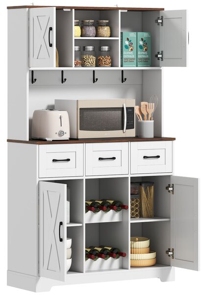HOMCOM Dispensa da Cucina con Portabottiglie per 8 Bottiglie 4 Ante 3 Cassetti Piano Ampio 100x38x172 cm Bianco | Aosom Italy