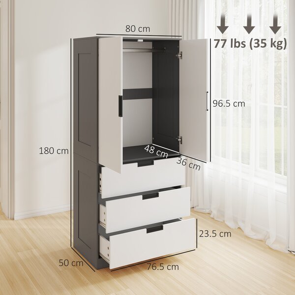 HOMCOM Armadio da camera guardaroba con 2 ante a chiusura ammortizzata, 3 cassetti e barra appendiabiti, 80x50x180cm, grigio e bianco | Aosom Italy
