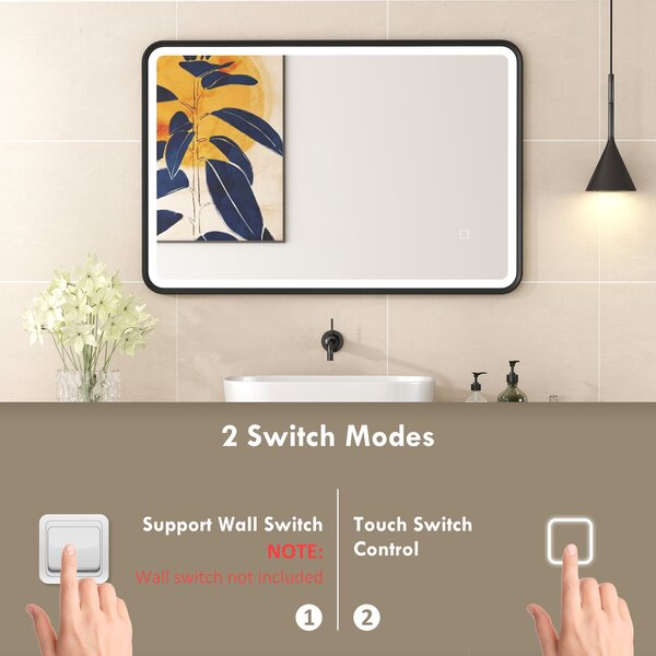 HOMCOM Specchio da bagno con illuminazione 90 x 60 cm, specchio LED da parete, antiappannamento, 3 tonalità di luce, dimmerabile, nero | Aosom Italy