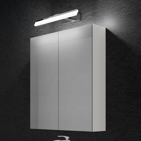Doporro Armadietto a Specchio 60x15x70cm con Lampada da Specchio LED per Bagno 40cm, 9W 6000K, Specchiera Bagno Mobilettto da Parete Bianco con 2 Ante e Applique Specchio Cromo, Spiegelschrank 02