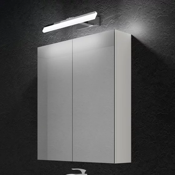 Doporro Armadietto a Specchio 60x15x70cm con Lampada da Specchio LED per Bagno 40cm, 9W 6000K, Specchiera Bagno Mobilettto da Parete Bianco con 2 Ante e Applique Specchio Cromo, Spiegelschrank 02