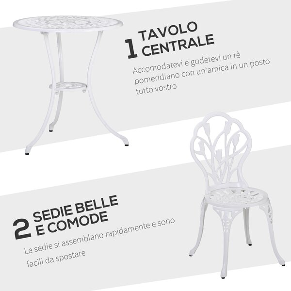 Outsunny Set da Giardino 3 Pezzi in Alluminio con 2 Sedie 42.5x47.5x89 cm e Tavolino Rotondo Ø60x67 cm, Bianco