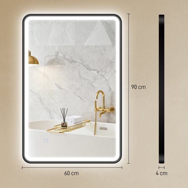 HOMCOM Specchio da bagno con illuminazione 90 x 60 cm, specchio LED da parete, antiappannamento, 3 tonalità di luce, dimmerabile, nero | Aosom Italy