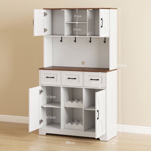 HOMCOM Dispensa da Cucina con Portabottiglie per 8 Bottiglie 4 Ante 3 Cassetti Piano Ampio 100x38x172 cm Bianco | Aosom Italy