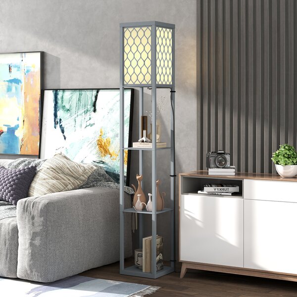 HOMCOM Lampada da terra con ripiani, 3 scomparti, dimensioni compatte, MDF, Grigio chiaro | Aosom Italy