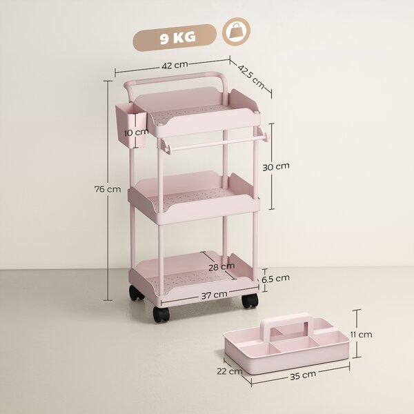 HOMCOM Carrello Ausiliario con Ruote a 3 Livelli Carrello da Cucina con Ceste Estraibili e Porta Asciugamani Rosa | Aosom Italy