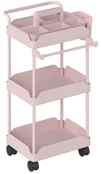 HOMCOM Carrello Ausiliario con Ruote a 3 Livelli Carrello da Cucina con Ceste Estraibili e Porta Asciugamani Rosa | Aosom Italy