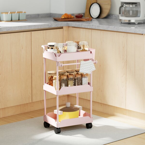 HOMCOM Carrello Ausiliario con Ruote a 3 Livelli Carrello da Cucina con Ceste Estraibili e Porta Asciugamani Rosa | Aosom Italy