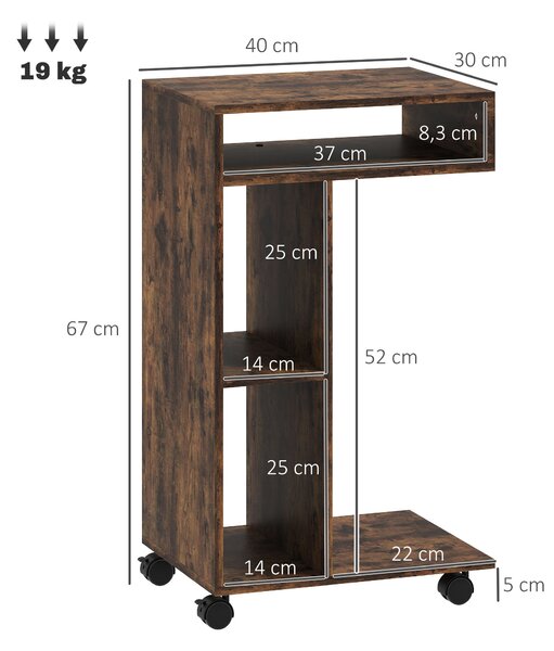 HOMCOM Tavolino laterale, carrello portavivande a forma C, 4 ruote, 3 scomparti, 40 x 30 x 69 cm, Marrone rustico | Aosom Italy