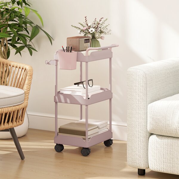 HOMCOM Carrello Ausiliario con Ruote a 3 Livelli Carrello da Cucina con Ceste Estraibili e Porta Asciugamani Rosa | Aosom Italy