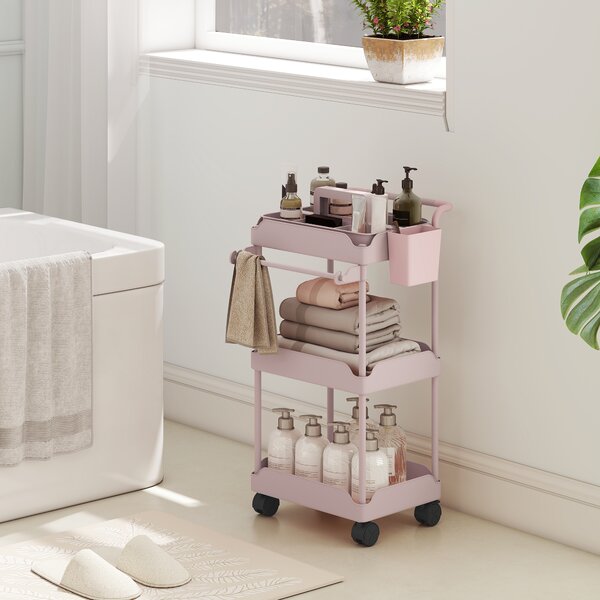 HOMCOM Carrello Ausiliario con Ruote a 3 Livelli Carrello da Cucina con Ceste Estraibili e Porta Asciugamani Rosa | Aosom Italy