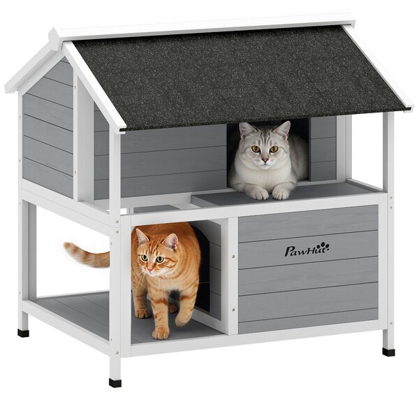 PawHut Cuccia per gatti da esterno, impermeabile, tetto apribile, legno di abete, 80 x 93 x 95 cm, Grigio | Aosom Italy