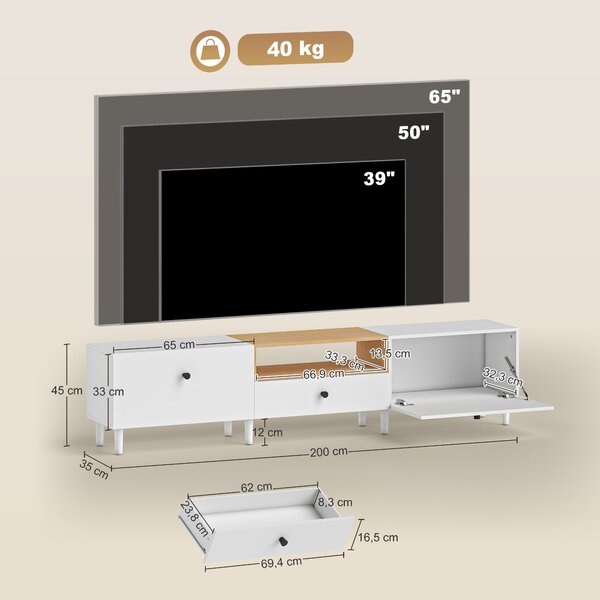 HOMCOM Mobile TV, mobile per televisore fino a 228,6 cm con 2 ante ribaltabili, cassetto, 200 x 35 x 45 cm, bianco | Aosom Italy