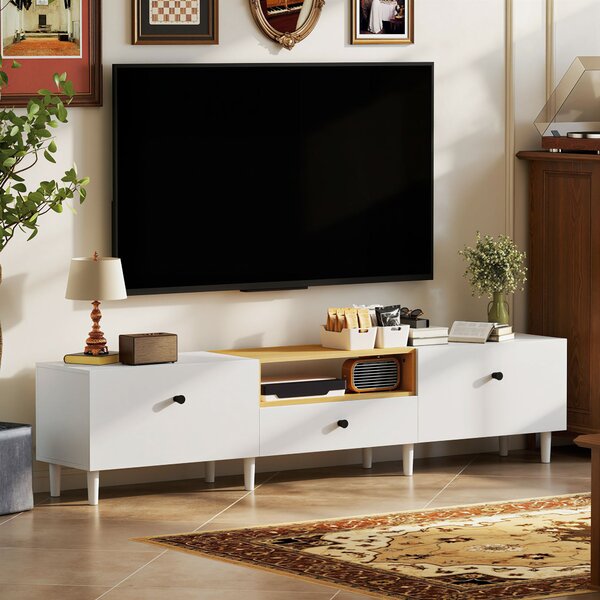 HOMCOM Mobile TV, mobile per televisore fino a 228,6 cm con 2 ante ribaltabili, cassetto, 200 x 35 x 45 cm, bianco | Aosom Italy