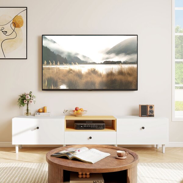 HOMCOM Mobile TV, mobile per televisore fino a 228,6 cm con 2 ante ribaltabili, cassetto, 200 x 35 x 45 cm, bianco | Aosom Italy