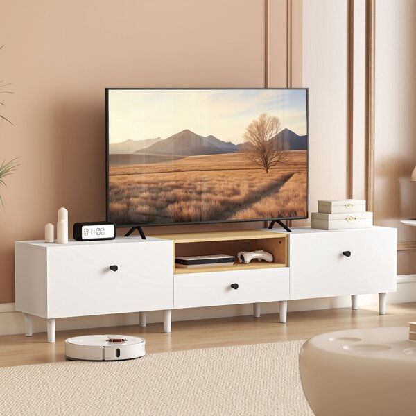 HOMCOM Mobile TV, mobile per televisore fino a 228,6 cm con 2 ante ribaltabili, cassetto, 200 x 35 x 45 cm, bianco | Aosom Italy