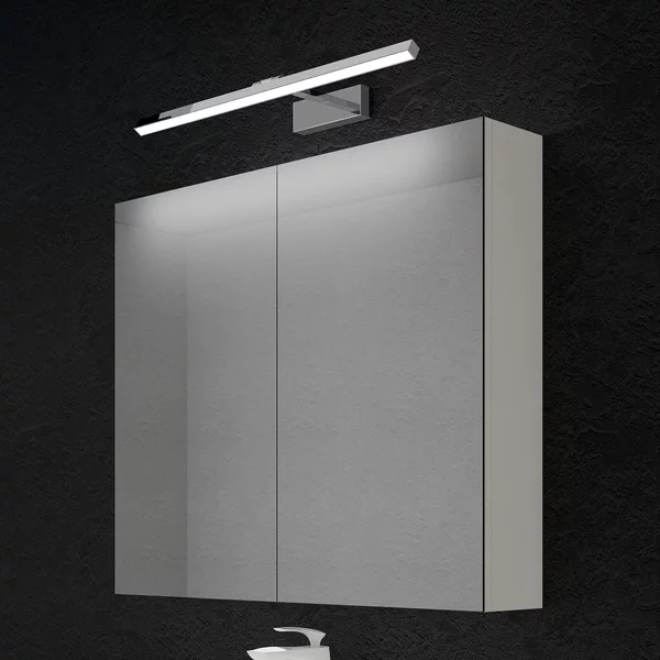 Doporro Armadietto a Specchio 80x15x70cm con Lampada da Specchio LED per Bagno 60cm, 14W 4000K, Specchiera Bagno Mobilettto da Parete Bianco con 2 Ante e Applique Specchio Cromo, Spiegelschrank 02