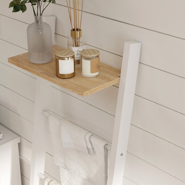HOMCOM Scaletta portasciugamani con ripiano superiore e 4 aste Portasciugamani da appoggiare alla parete 43x20x151 cm Bianco e Rovere | Aosom Italy