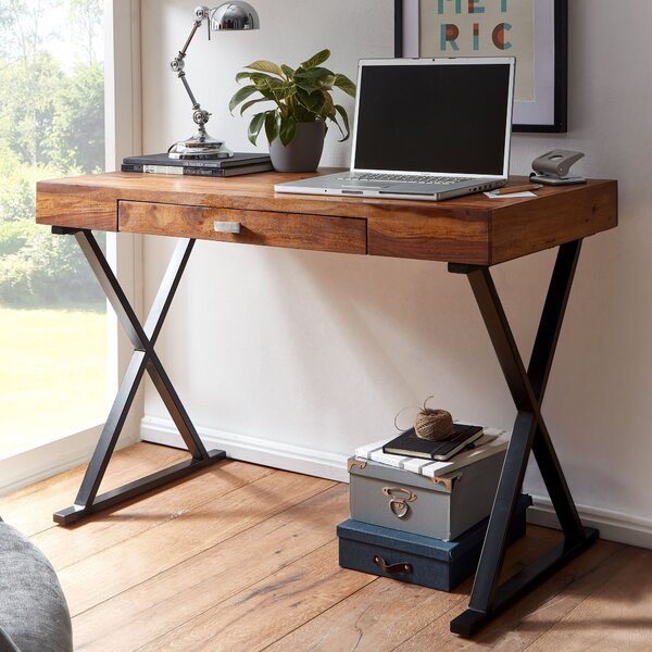 FineBuy Scrivania 120x55x78 cm in legno massello di sheesham / metallo nero - Scrivania da ufficio di design con cassetto - Scrivania per home office, laptop e computer con spazio contenitivo