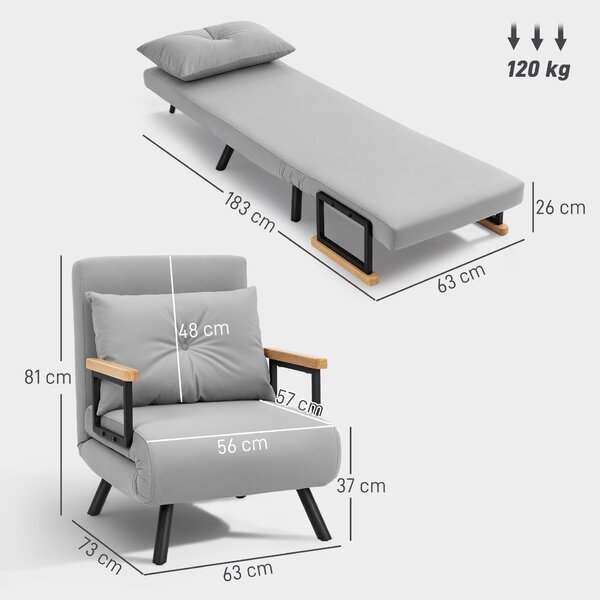 HOMCOM Poltrona Letto Pieghevole 4 in 1, Schienale Regolabile a 5 Livelli e Cuscino 63x73x81 cm Grigio | Aosom Italy