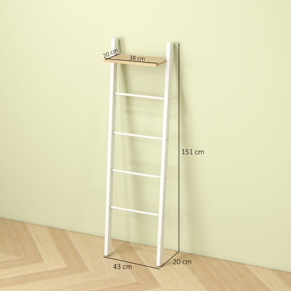 HOMCOM Scaletta portasciugamani con ripiano superiore e 4 aste Portasciugamani da appoggiare alla parete 43x20x151 cm Bianco e Rovere | Aosom Italy