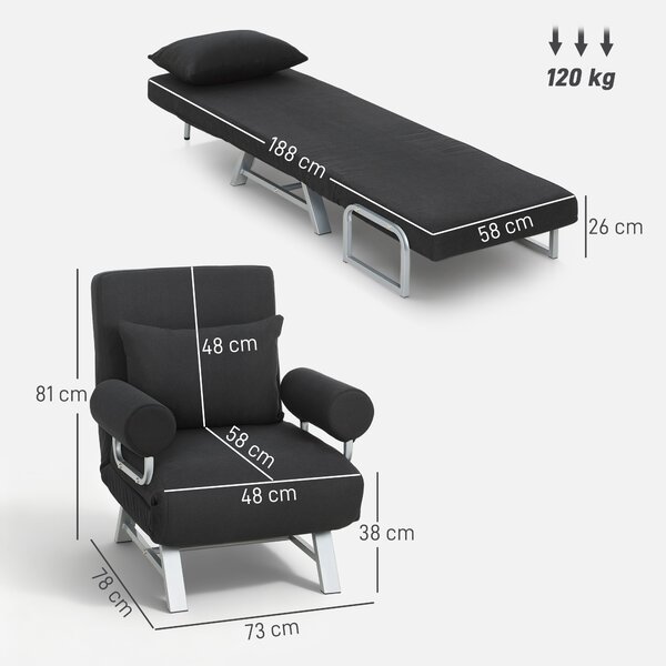 HOMCOM Poltrona letto, reclinabile, con Cuscini lombari e braccioli, Piedi in metallo, rivestimento in tessuto effetto Lino, Nero | Aosom Italy