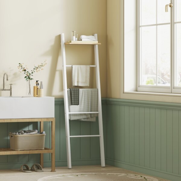 HOMCOM Scaletta portasciugamani con ripiano superiore e 4 aste Portasciugamani da appoggiare alla parete 43x20x151 cm Bianco e Rovere | Aosom Italy