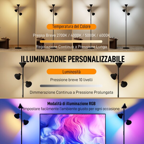 HOMCOM Lampada da Terra con 3 Teste Regolabili Indipendenti, Telecomando e Timer, in Acciaio e Plastica, Ø25x170 cm, Nero | Aosom Italy