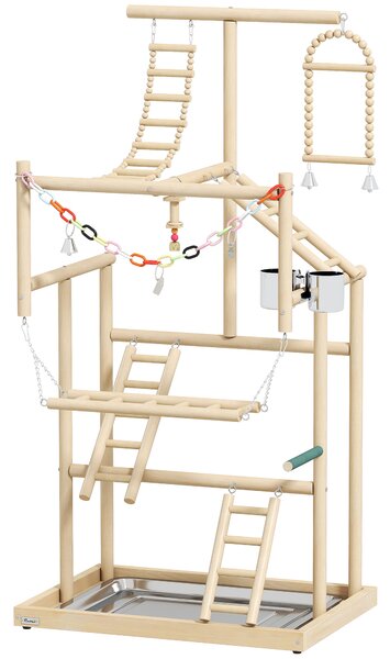 PawHut Trespolo per Pappagalli con Giochi, Scale, Catene, Ciotole, Vassoio Rimovibile e Posatoi, Legno Naturale | Aosom Italy