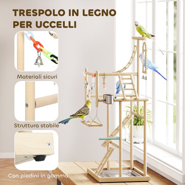 PawHut Trespolo per Pappagalli con Giochi, Scale, Catene, Ciotole, Vassoio Rimovibile e Posatoi, Legno Naturale | Aosom Italy